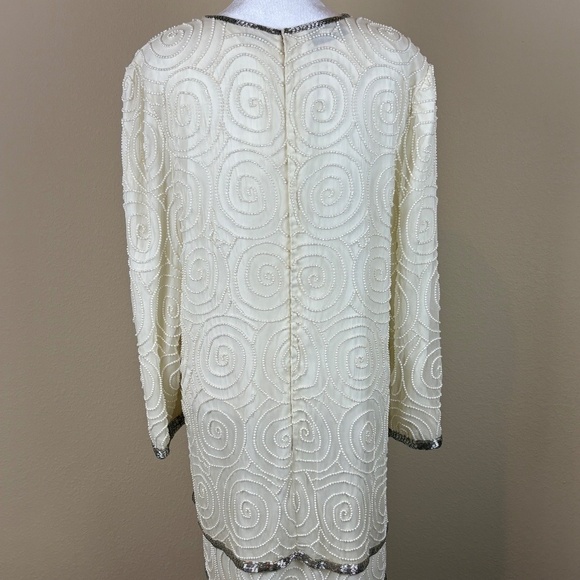 Laurence Kazar New York 100% Silk Vintage Angled Ivory Formal Beaded Midi Dress - Picture 8 of 16